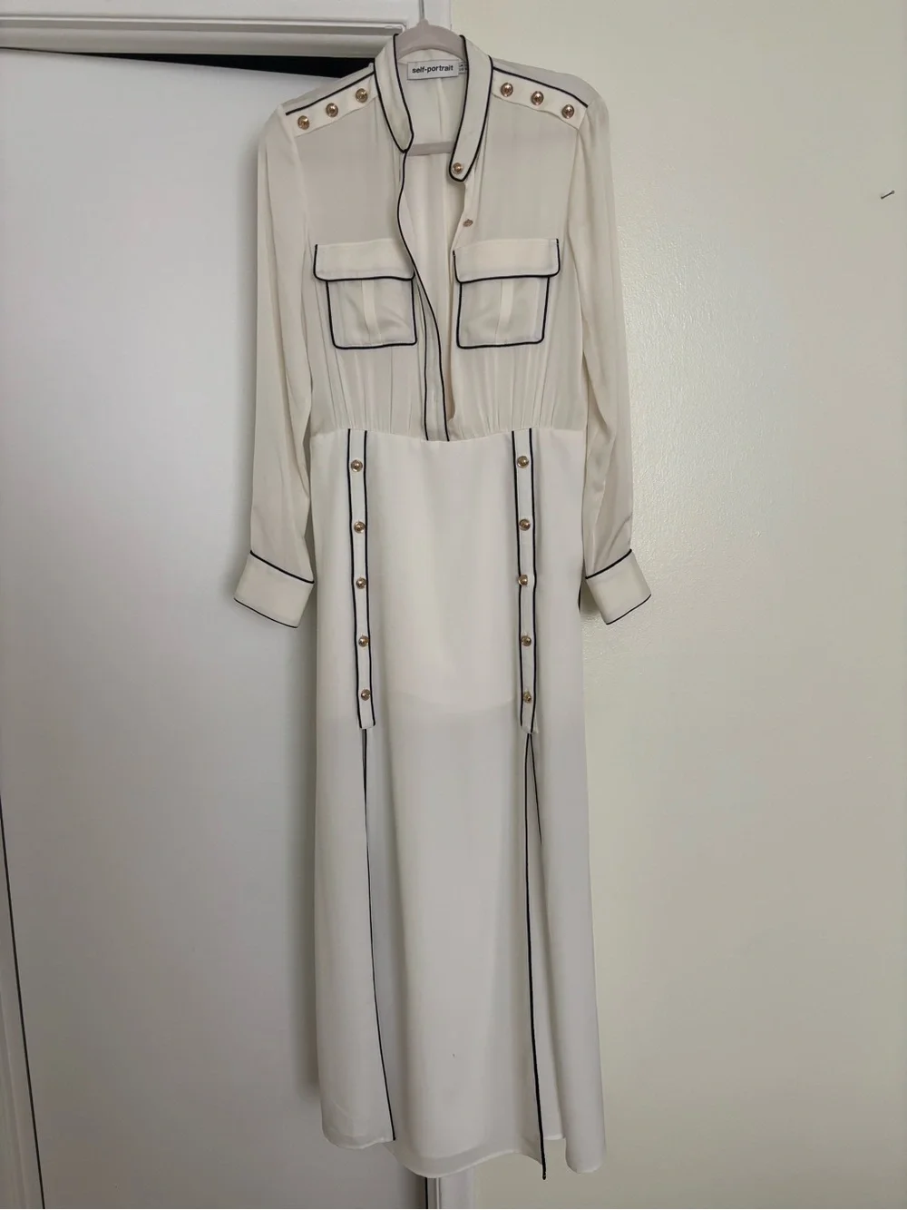 Self-Portrait Cream Long Sleeve Shirt Maxi Dress with Black Piping - Picture 2 of 12